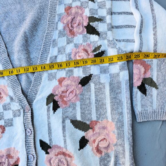 Vintage  80s Retro Chunky Knit Floral Plaid  Granny Cardigan Sweater Size 18/20 - Picture 7 of 8